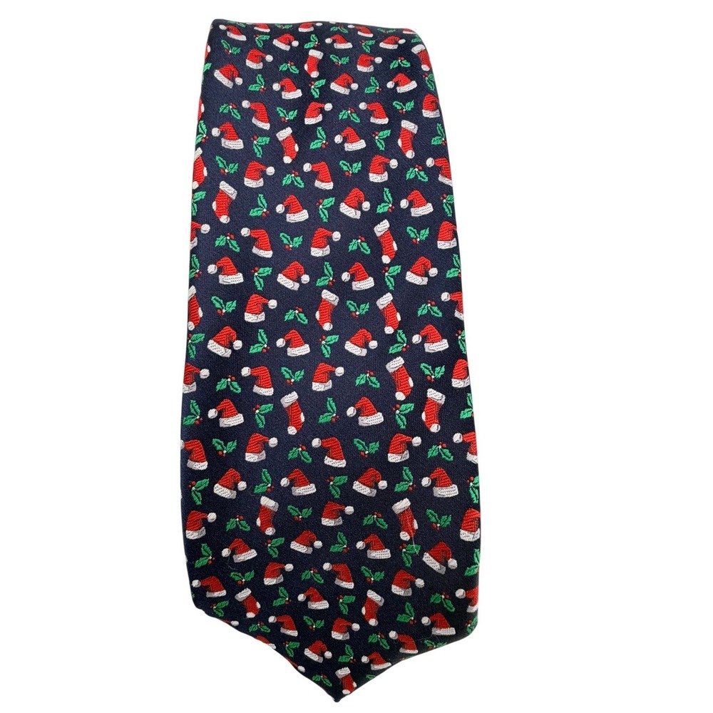 Noel Holiday Collection Mens Christmas Tie Navy Blue Santa Hat Stocking Holly
